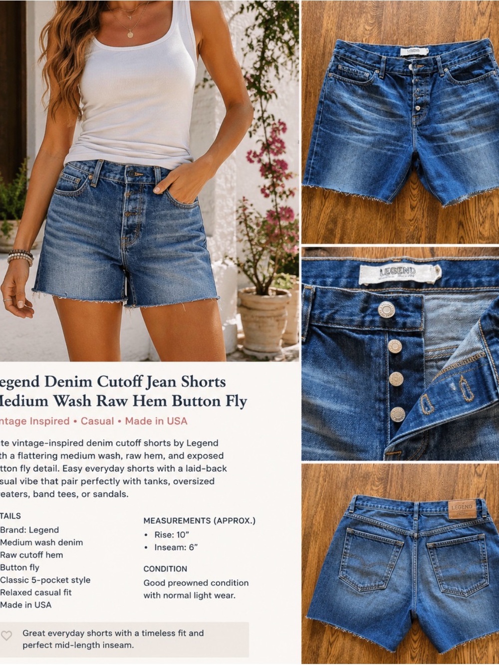 Legend Medium Wash Raw Hem Button-Fly Jean Shorts - Blue